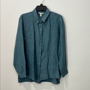 Eileen Fisher New Classic Collar Shirt with Washed Organic Linen Delave Sz PM